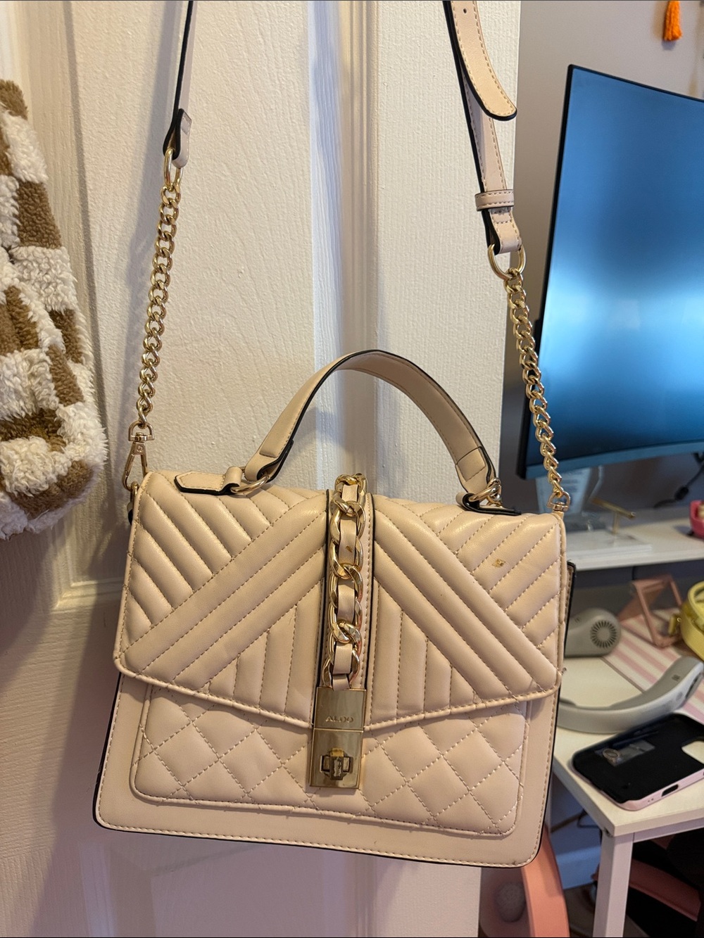 Aldo Women's Quilted Chain-Accent Satchel Handbag in Pale Pink